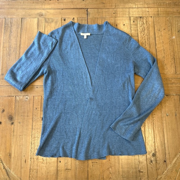 Eileen Fisher Linen Open Front Cardigan Sweater Medium Blue Preppy Coastal Drapy - Picture 1 of 9